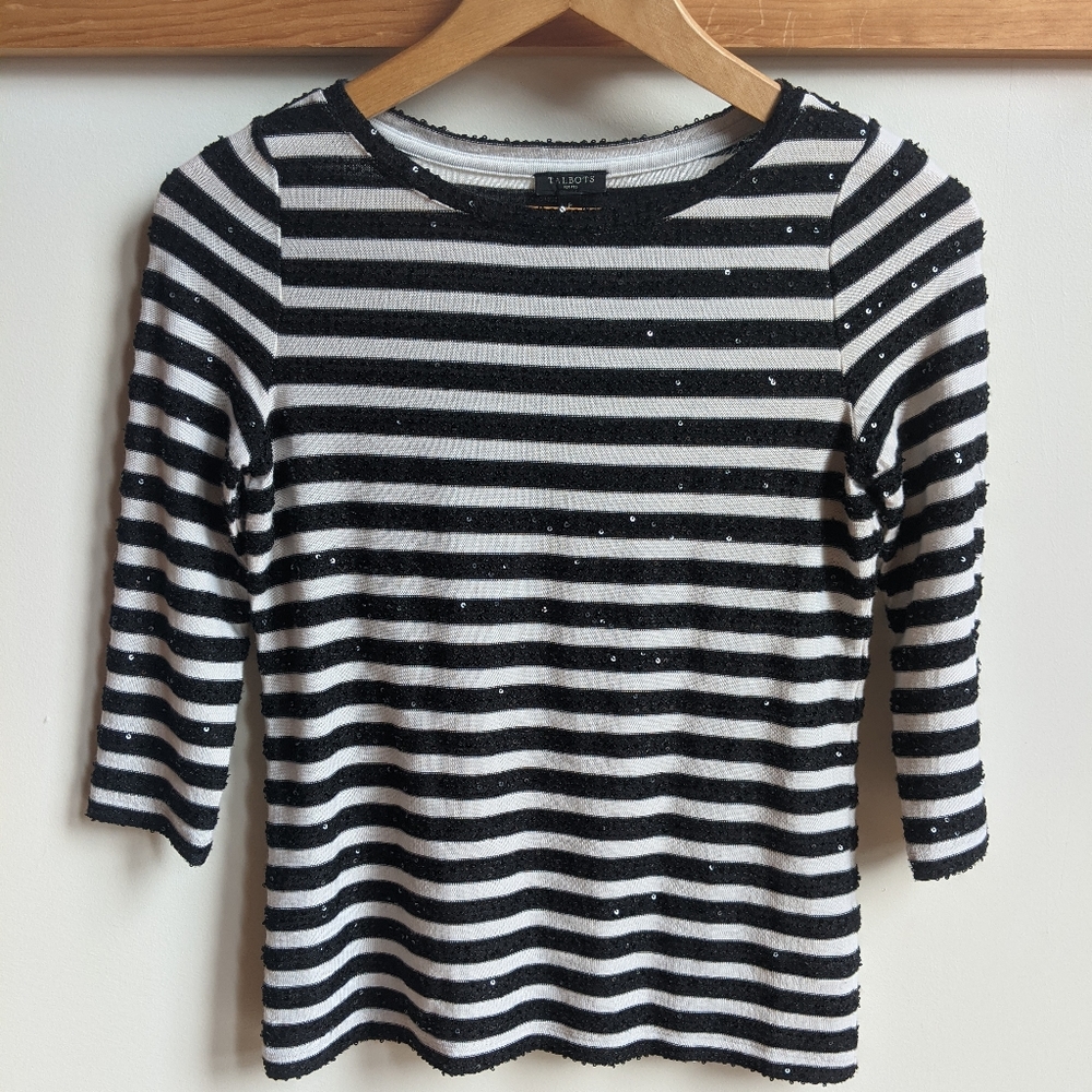 Talbots Petite Striped Sequin 3/4 Sleeve Sweater